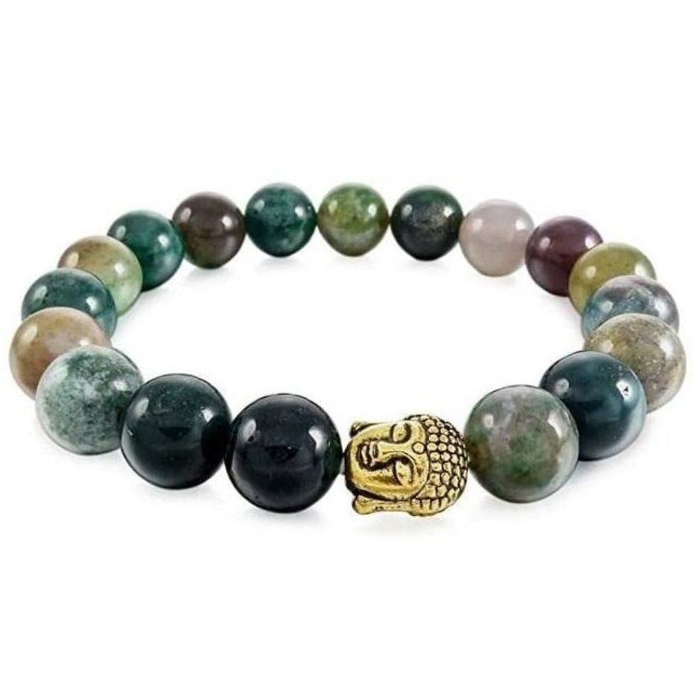 10mm Indian Agate Buddha Head Accent Stretch Bracelet